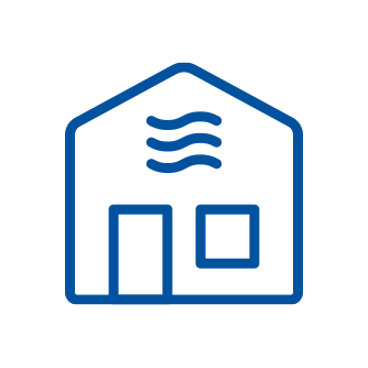 Icon of a house with curved lines depicting air flow