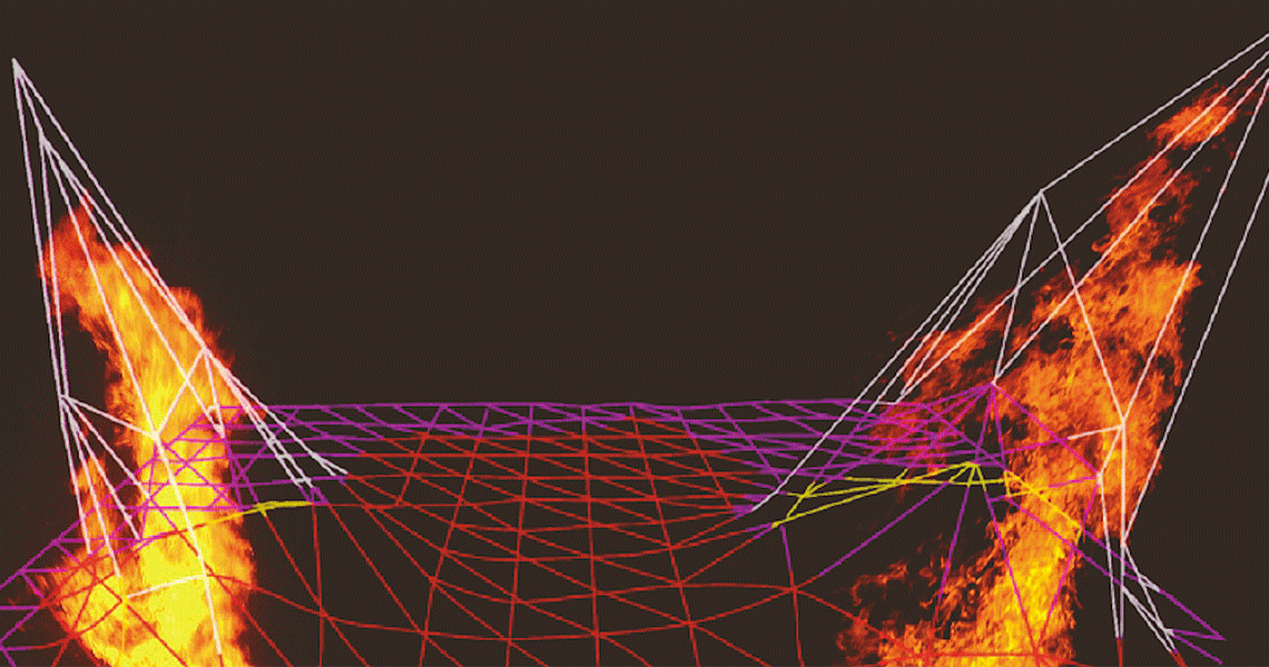 Mesh-graph type graphics with flames on each side of it