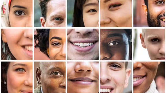 Collage of male and female facial features of different ethnicity