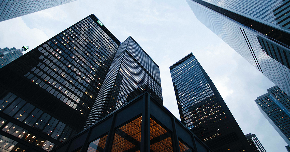 Low-angle view of high-rise commercial buildings