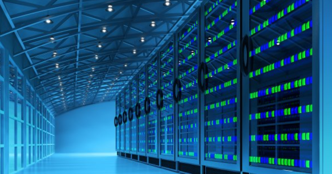 Interior of a data center with with racks and windows on either side