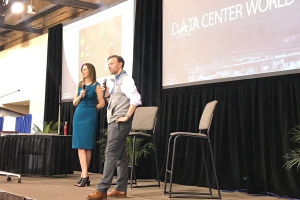 Michael Zarrilli and Sharon Thomas from Johnson Controls onstage at the Data Center World 2019 event
