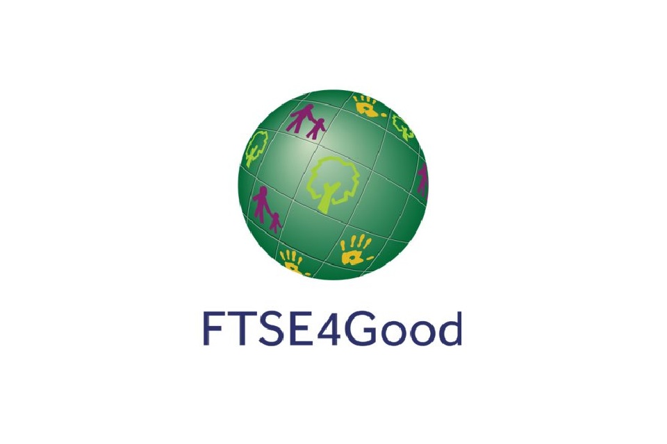 Logo of the FTSE4Good Index Series, featuring a green globe with handprints and drawings of trees on it