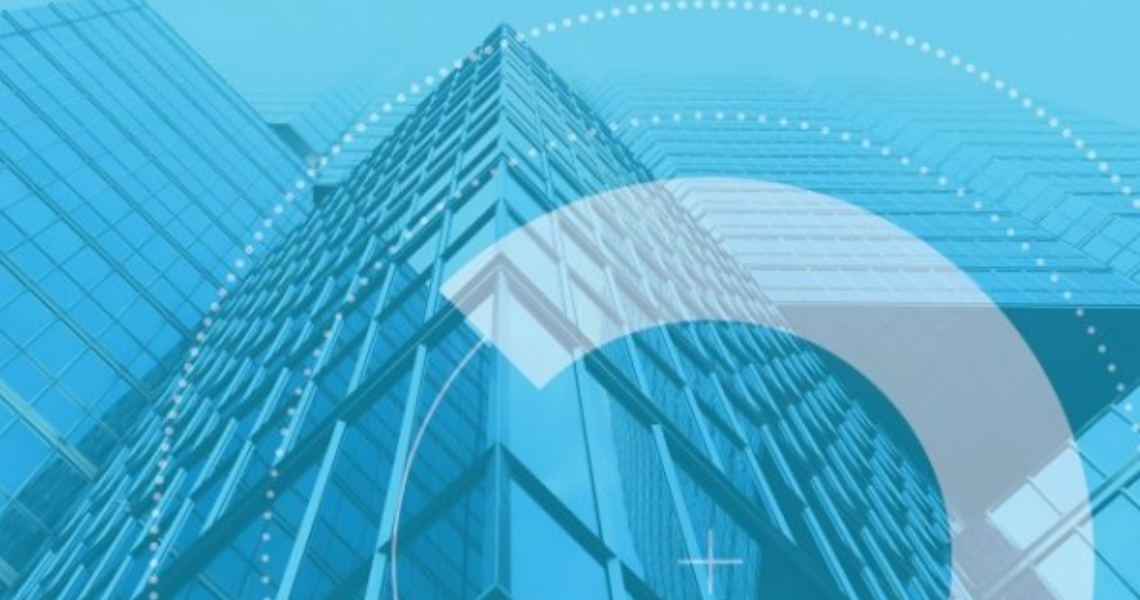 Frog's-eye view of a glass corporate building, with circular graphics overlaid on it