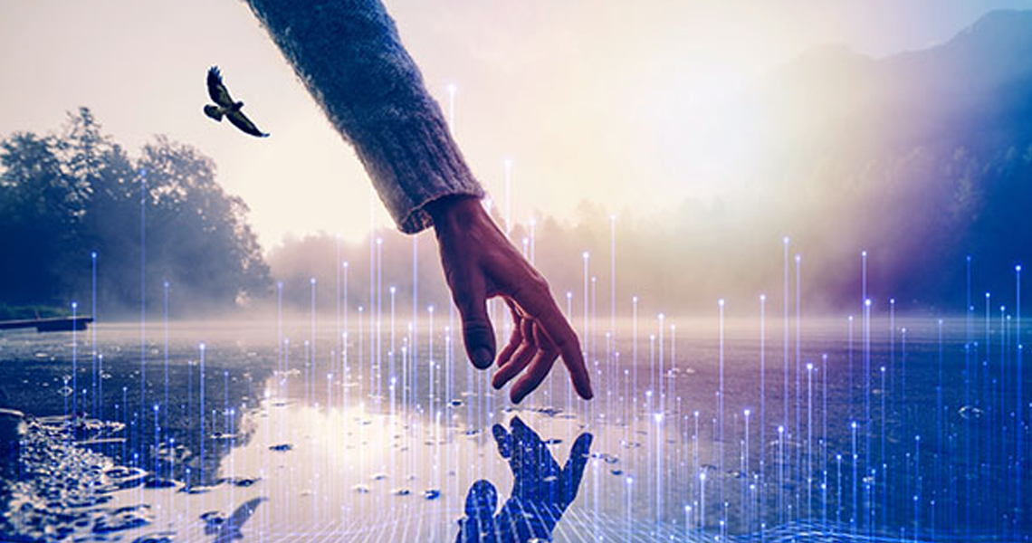 A human hand touching the surface of a water body, overlaid with a graphic of transmission nodes