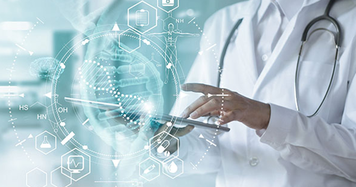 Doctor browsing a tablet, overlaid with a graphic depicting digital healthcare