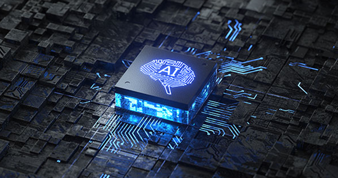 3D rendering of a circuit board depicting artificial intelligence