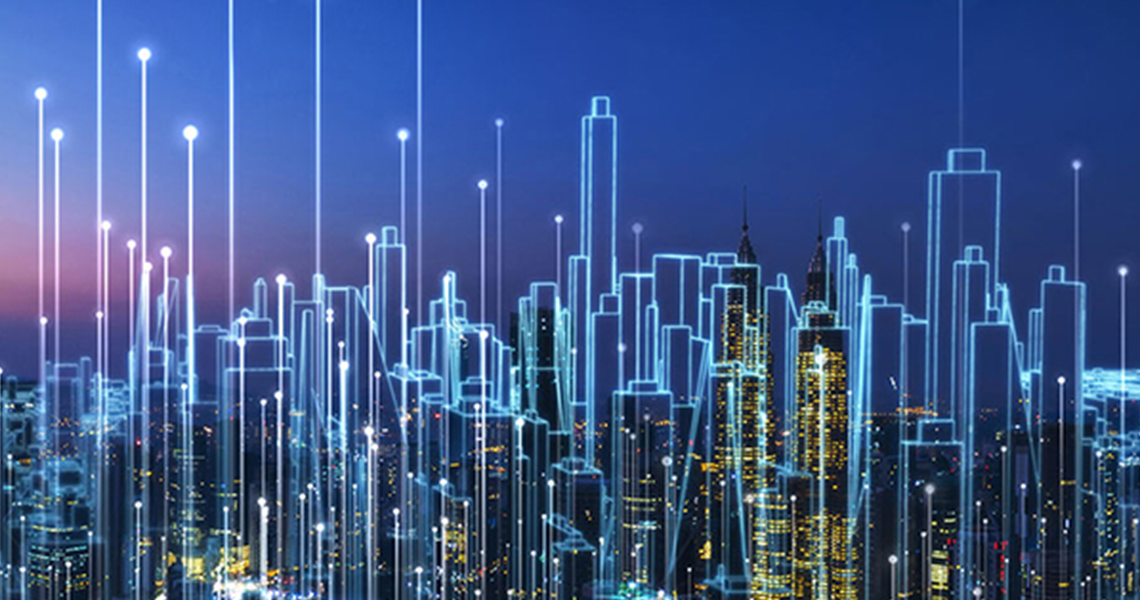 Cityscape overlaid with a graphic of high rise buildings and transmission nodes