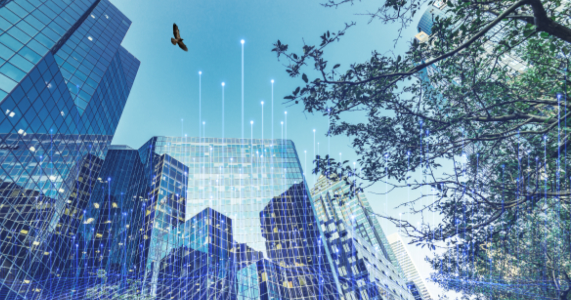 An eagle flying over a glass building and trees, overlaid with OpenBlue graphics