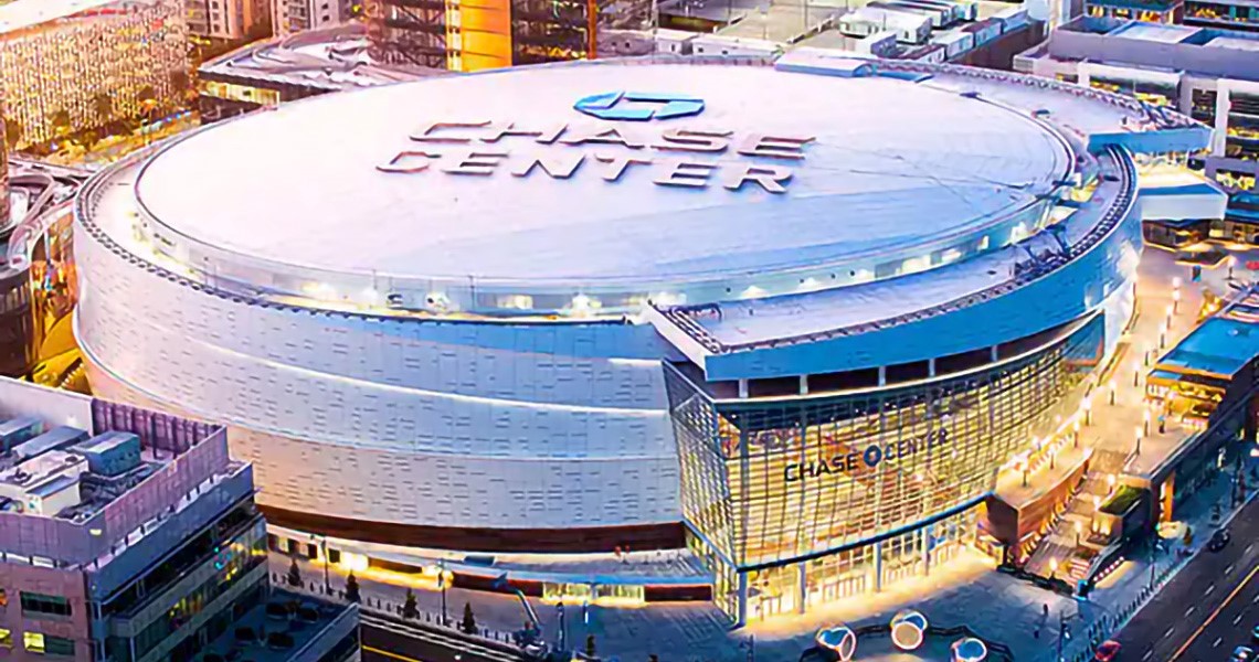 Aerial view of the Chase Center building in San Francisco
