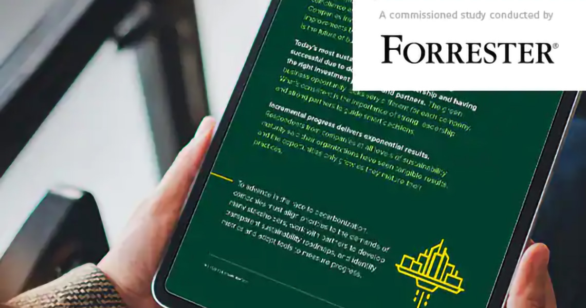 Close-up of a person reading a Forrester article on a tablet, with the Forrester logo overlaid on the top right