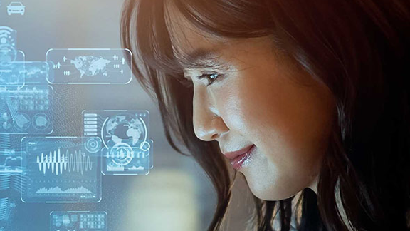 Close-up of a woman, overlaid with a graphic of various infographic