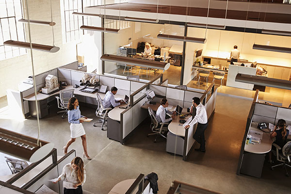 Aerial view of a busy office suite with cubicles