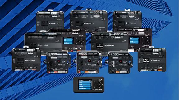 A collection of Metasys units against a blue background
