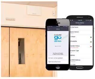 C•CURE Go install app open on phone overlaid on a set of doors