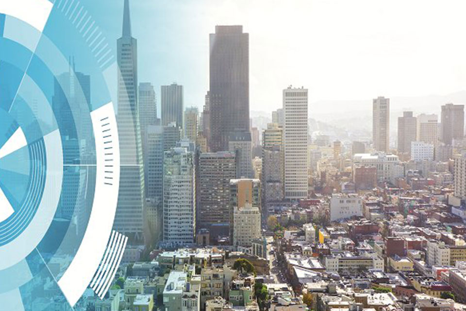 Cityscape during daytime with circular graphics
