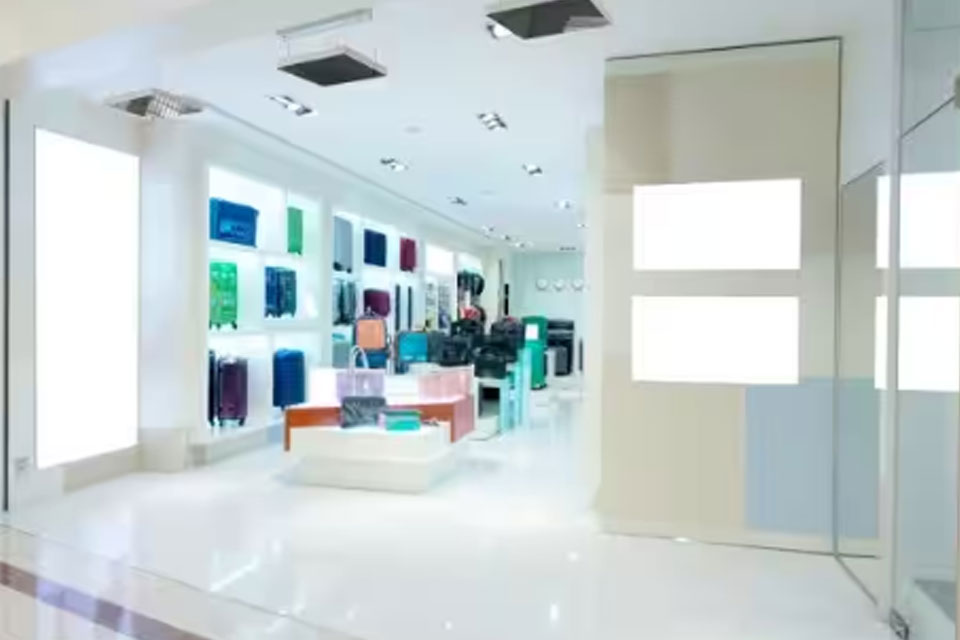 A retail store with suitcases on display