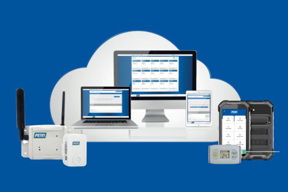 Various electronic devices against a blue background with a white graphic of a cloud
