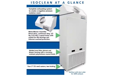 Envirco IsoClean HEPA Air Filtration unit, with a chart depicting its unique features