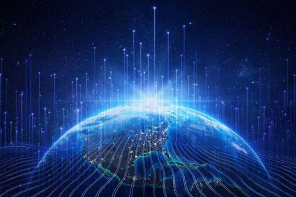 A globe with blue graphics depicting technological advancement