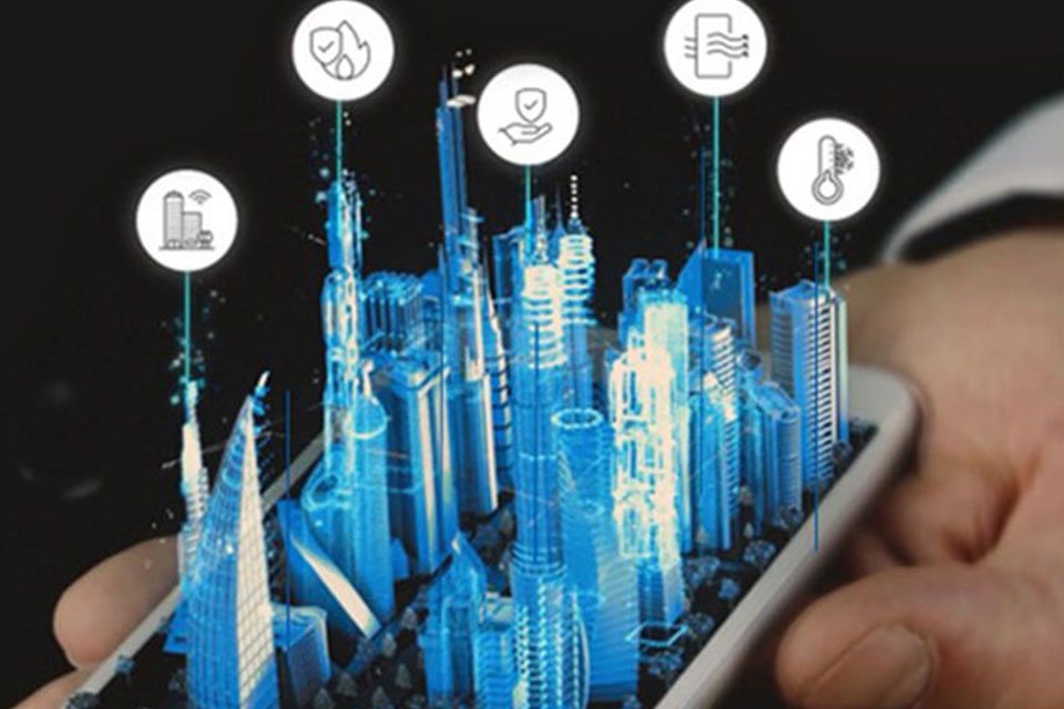 Person holding a smartphone, with a hologram of a cityscape emerging from it