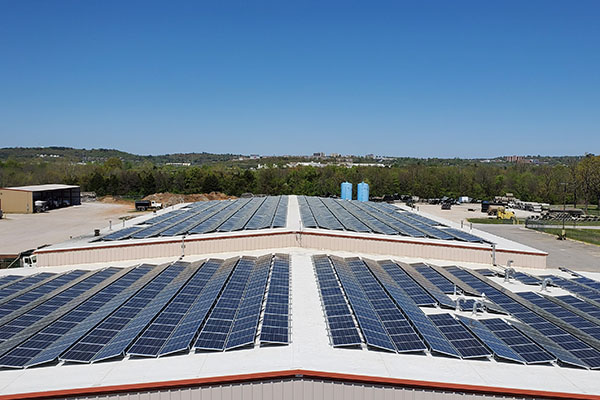 Bird's-eye view of a solar panels installed on rooftops