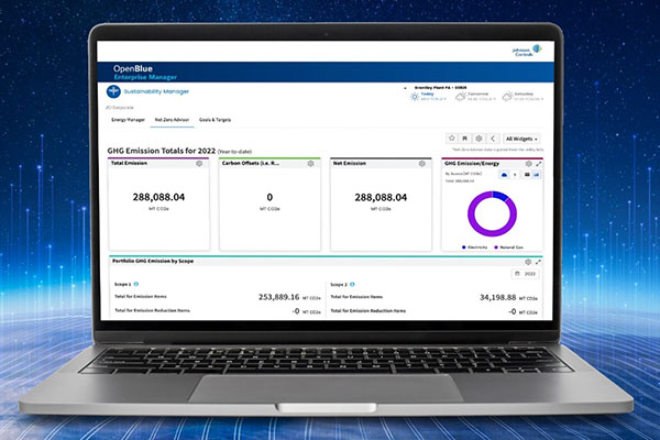  Johnson Controls OpenBlue Net Zero Advisor open on a laptop