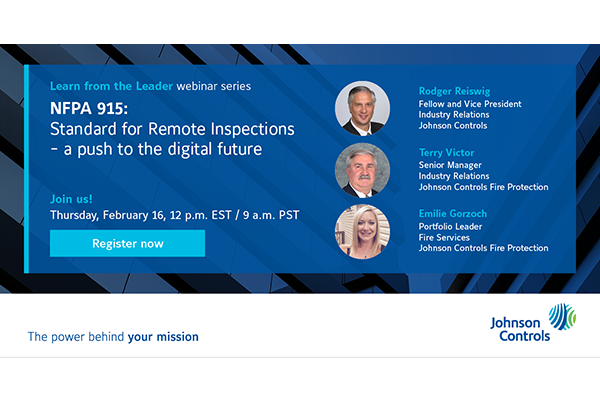 Social media banner for the proposed NFPA 915 Standard for Remote Inspections webinar hosted by Johnson Controls