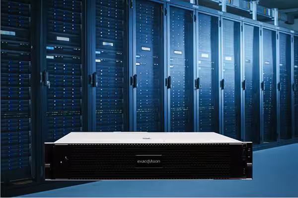 ExacqVision product superimposed on a background of an interior shot of a data center