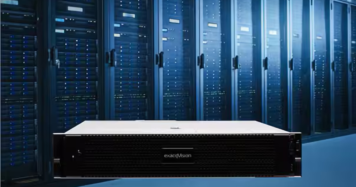 ExacqVision product superimposed on a background of an interior shot of a data center